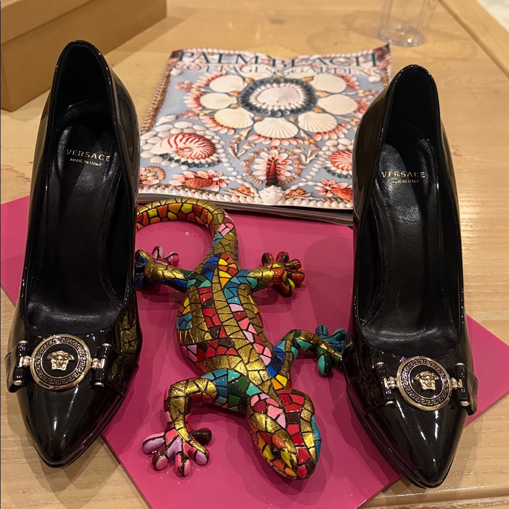 Versace Black Heels with Gold Medallion